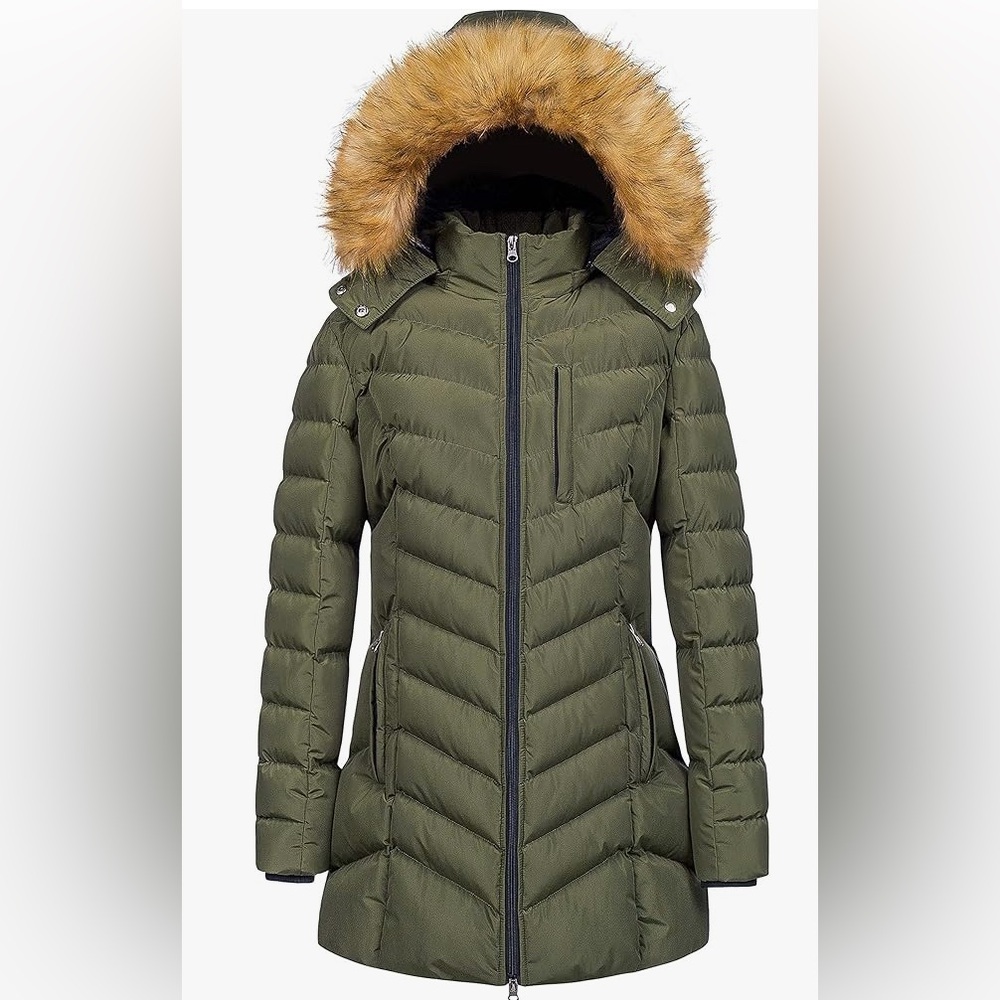 Creatmo Women's Olive Green Hooded Puffer Coat